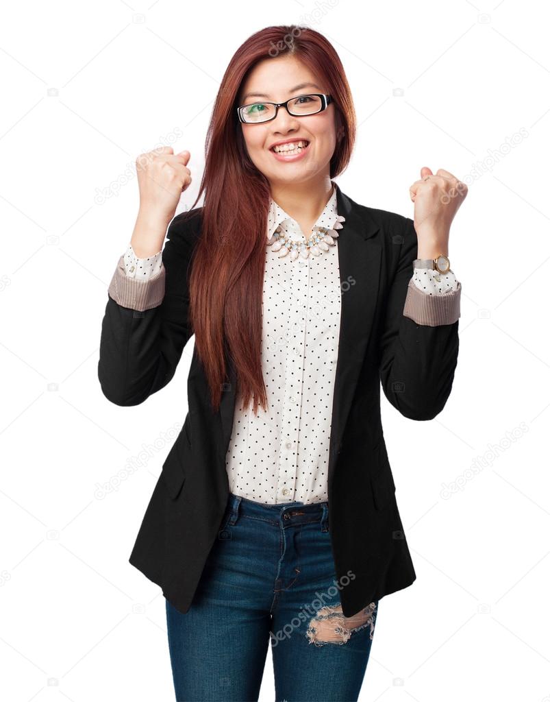 happy chinese woman celebrating gesture