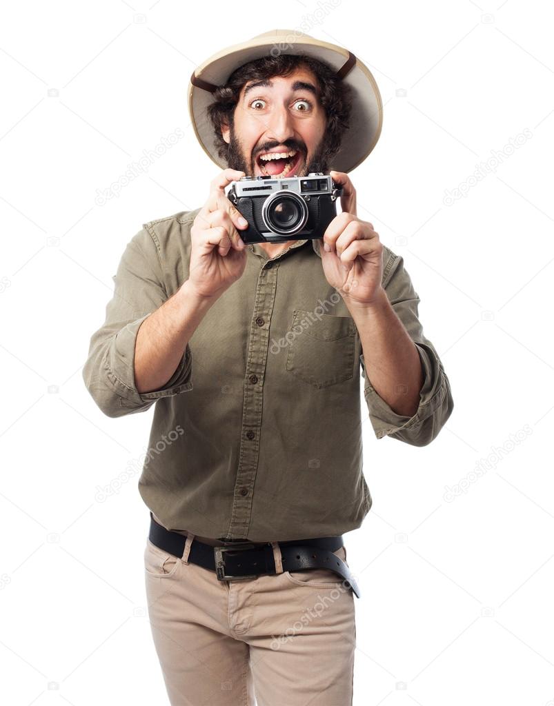 crazy explorer man with camera