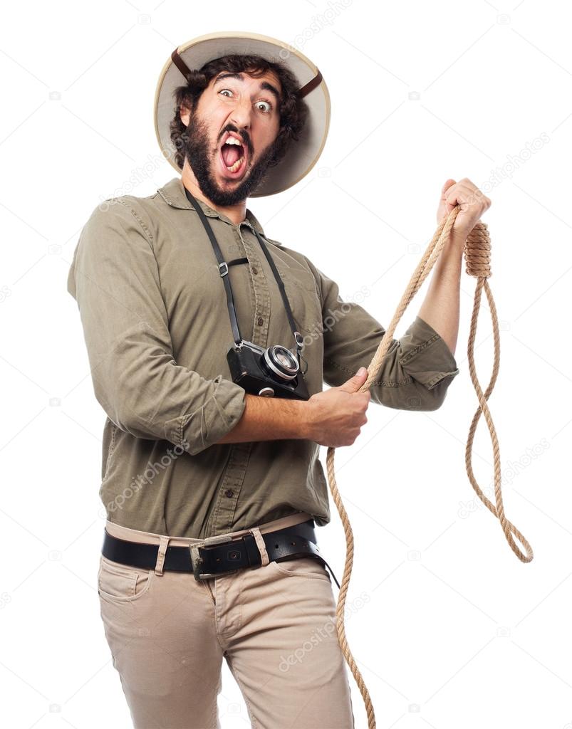 crazy explorer man with rope