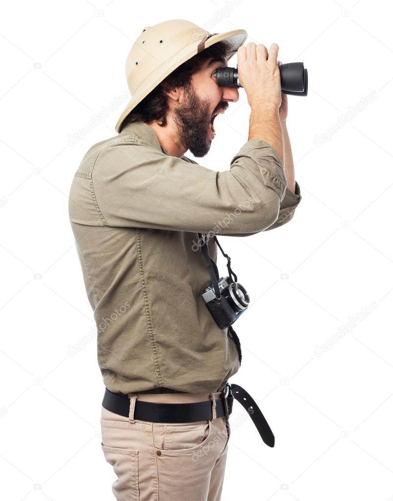 proud explorer man with binoculars