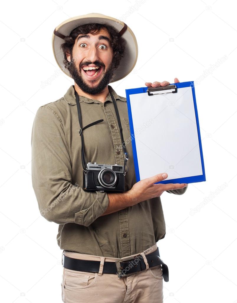 crazy explorer man with notebook