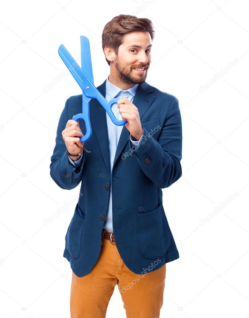 happy businessman with scissors