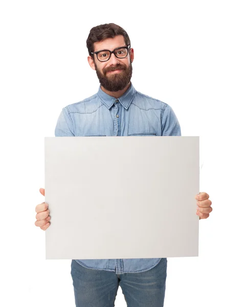 Glücklicher junger Mann mit Plakat — Stockfoto