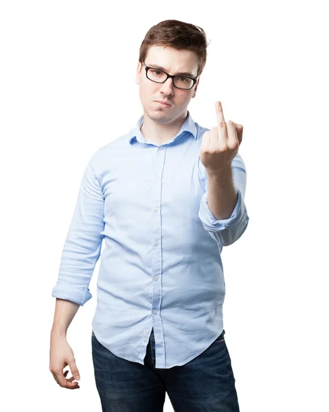 Angry young man met disagree teken — Stockfoto