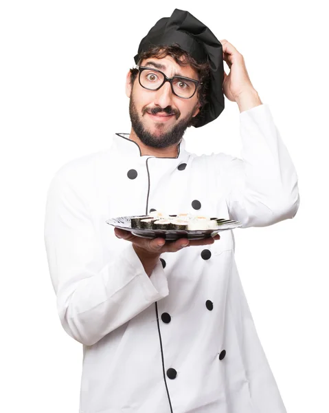 Happy cook man thinking sign — Stock Photo, Image