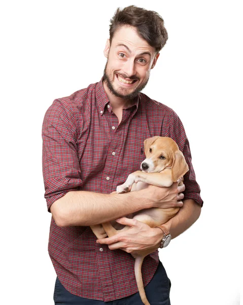 子犬と幸せな若い男 — ストック写真