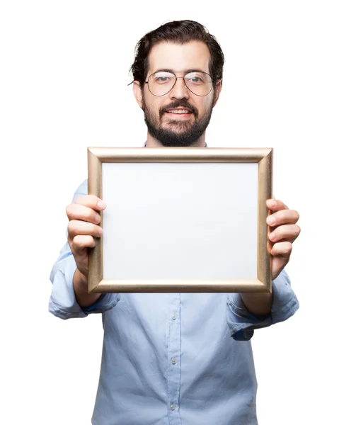 Gelukkig jonge man met retro frame — Stockfoto