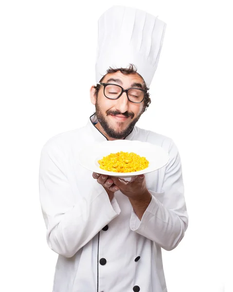 Orgulhoso cozinheiro homem com paella — Fotografia de Stock