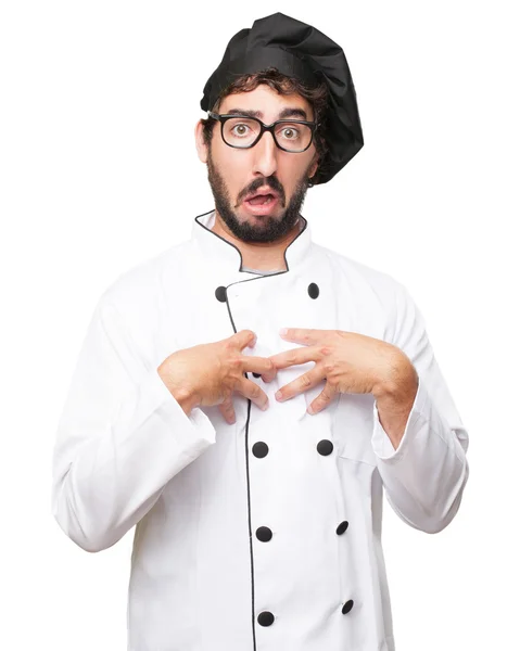Förvirrad cook mannen förvånad tecken — Stockfoto
