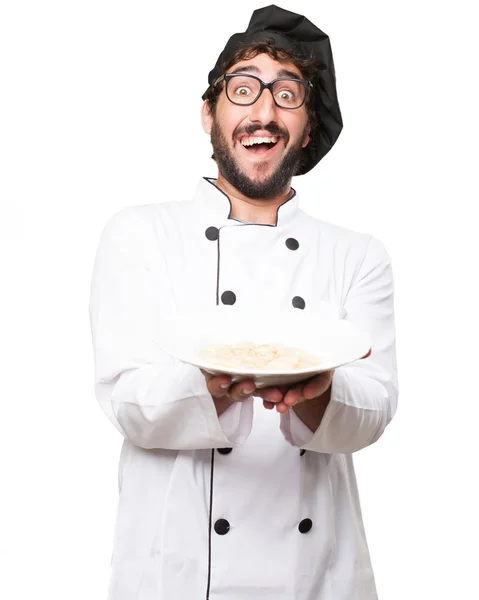 Happy cook man with soup — Stock Photo, Image