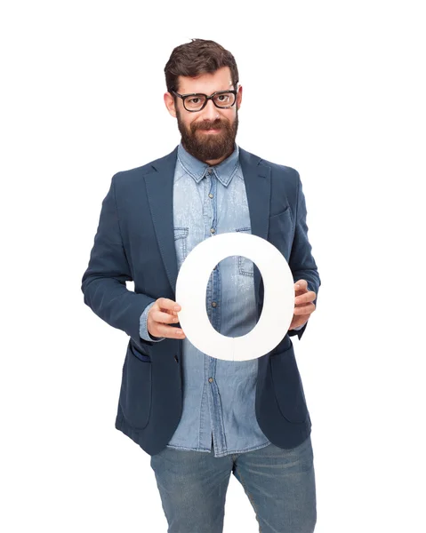 Happy businessman holding letter O — Stock Photo, Image