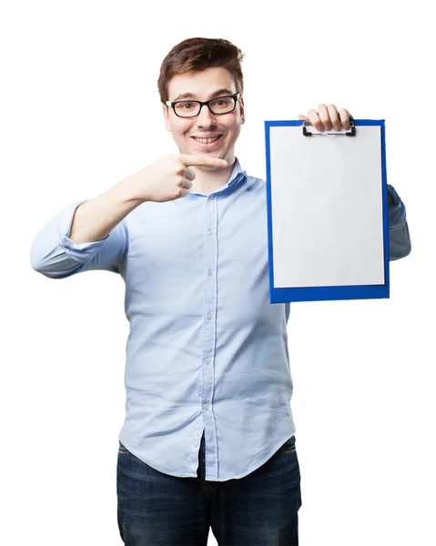 Happy young man with inventory — Stock Photo, Image