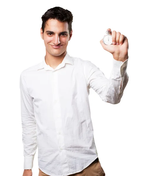 Happy young man with stopwatch — Stock Photo, Image