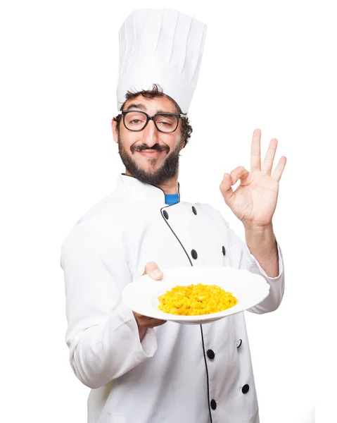 Proud cook man with paella — Stock Photo, Image