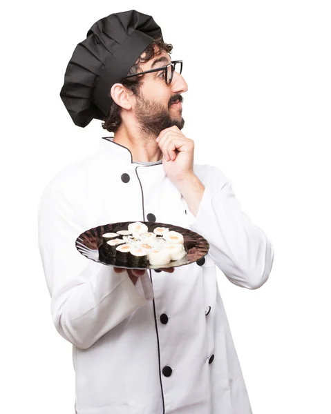 Glücklich Koch Mann denken Zeichen — Stockfoto
