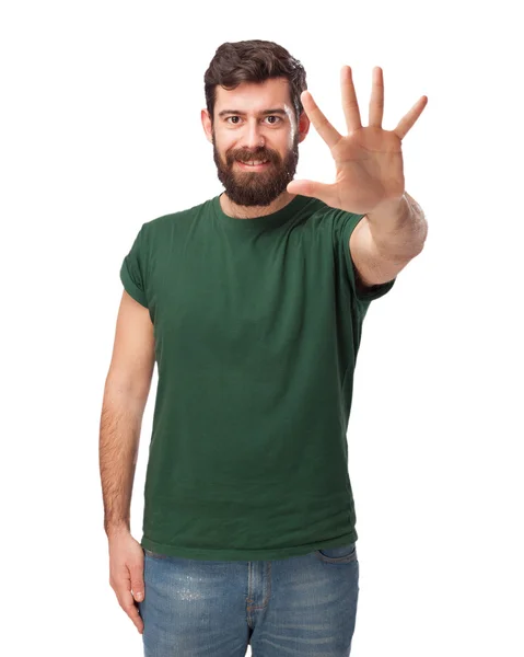 Hombre feliz con el signo número cinco —  Fotos de Stock