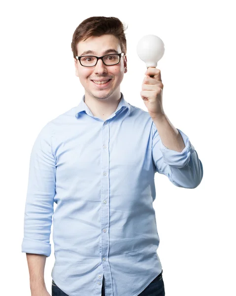 Joven feliz con bombilla — Foto de Stock