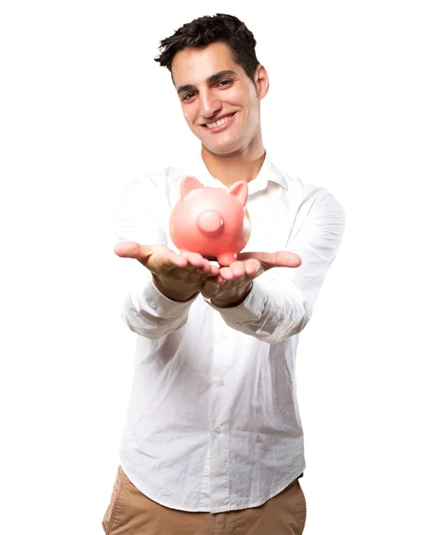 Jovem feliz com banco porquinho — Fotografia de Stock