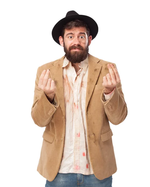 Confused homeless man with bills sign — Stock Photo, Image