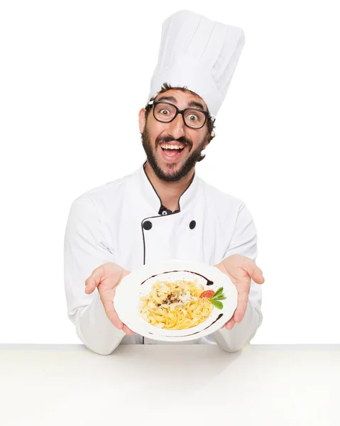Proud cook man with pasta — Stock Photo, Image