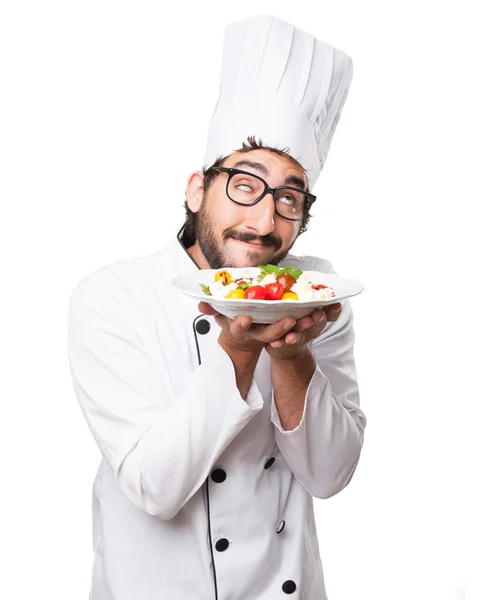 Glücklicher Koch Mann mit Salat — Stockfoto