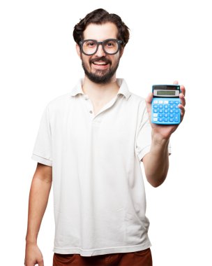 hesap makinesi ile mutlu genç adam