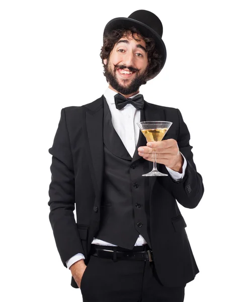 Homem fumante feliz com bebida alcoólica — Fotografia de Stock