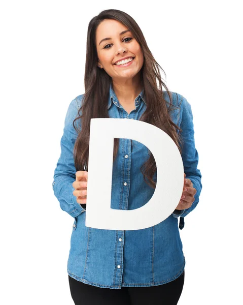 Happy young woman with letter d — Stock Photo, Image