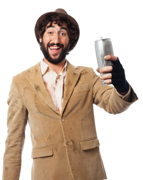 Happy homeless man with beer — Stock Photo, Image