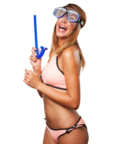 Happy young woman with snorkel goggles — Stock Photo, Image