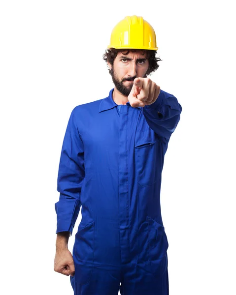 Trabalhador irritado homem apontando frente — Fotografia de Stock