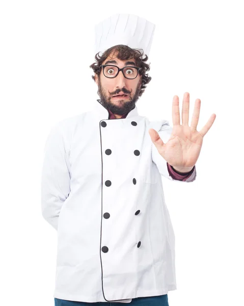 Worried cook man stop gesture — Stock Photo, Image