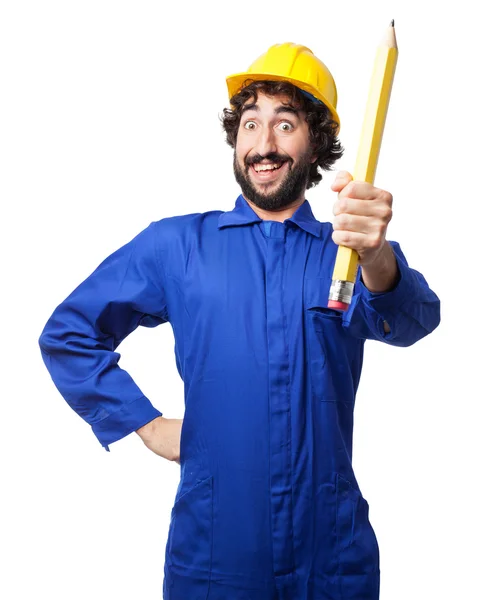 Счастливый рабочий с карандашом — стоковое фото
