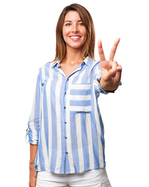 Proud young woman victory sign — Stock Photo, Image