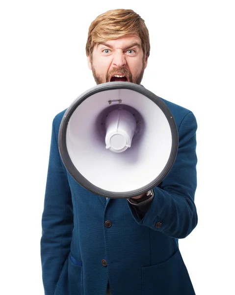Homem de negócios zangado com megafone — Fotografia de Stock