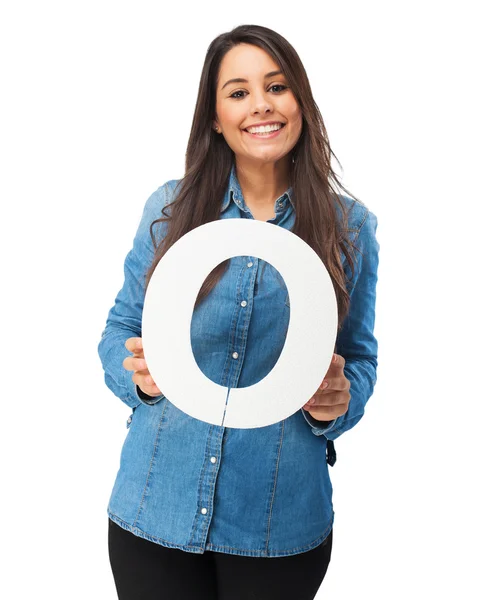 Happy young woman with letter o — Stock Photo, Image
