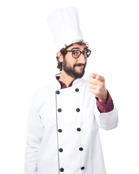 Gelukkig cook man aanwijsapparaat voorzijde — Stockfoto