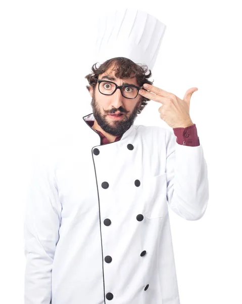 Estresado cocinero hombre suicida pose — Foto de Stock