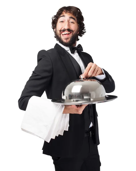 Crazy waiter man with tray — Stock Photo, Image