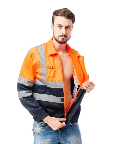 Happy worker man striptease — Stock Photo, Image