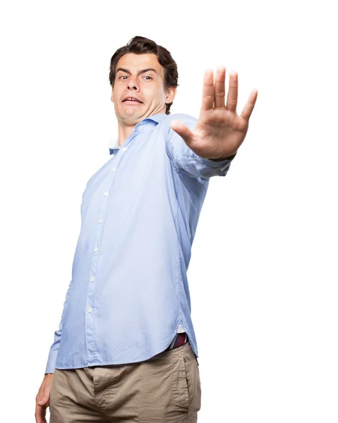 Scared businessman with stop gesture — Stock Photo, Image