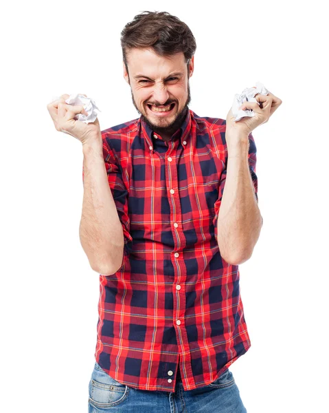 Joven enojado con bola de papel — Foto de Stock