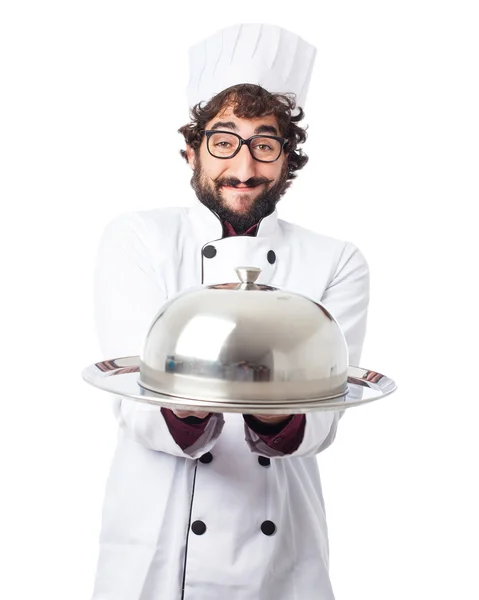Homem cozinheiro feliz com bandeja de prata — Fotografia de Stock