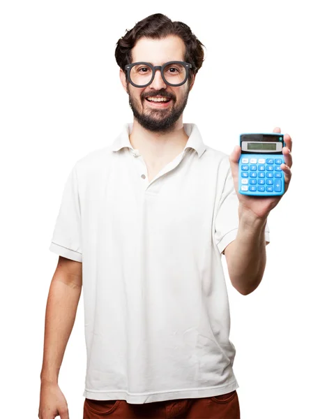 Felice giovane uomo con calcolatrice — Foto Stock