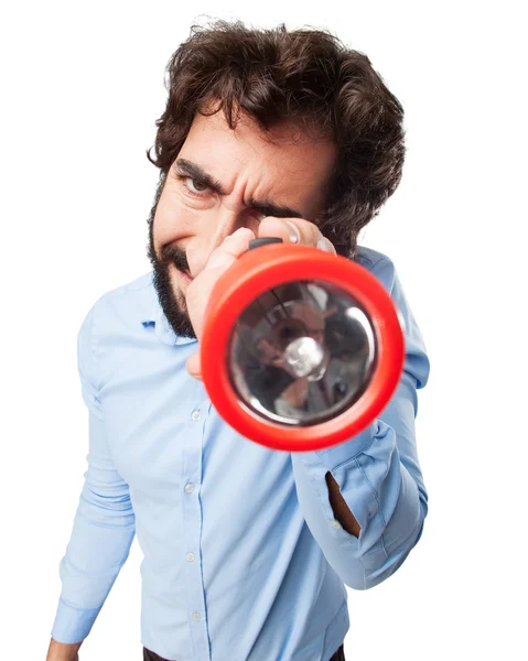 Crazy young man with lantern — Stock Photo, Image