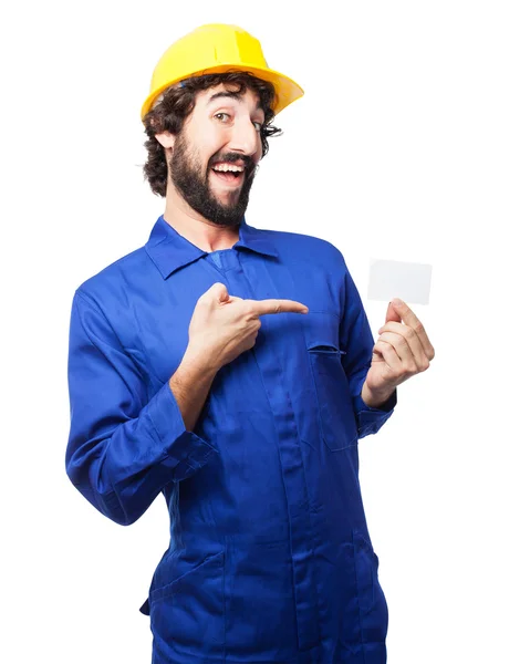 Trabalhador feliz homem com cartão de visita — Fotografia de Stock