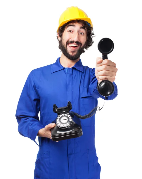 Hombre trabajador feliz con teléfono — Foto de Stock