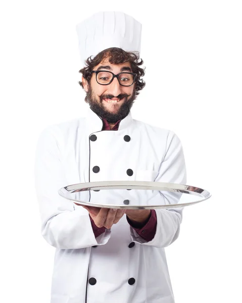 Šťastný cook muž s stříbrným podnosem — Stock fotografie