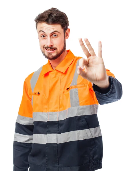 Feliz trabajador hombre todo derecho signo —  Fotos de Stock