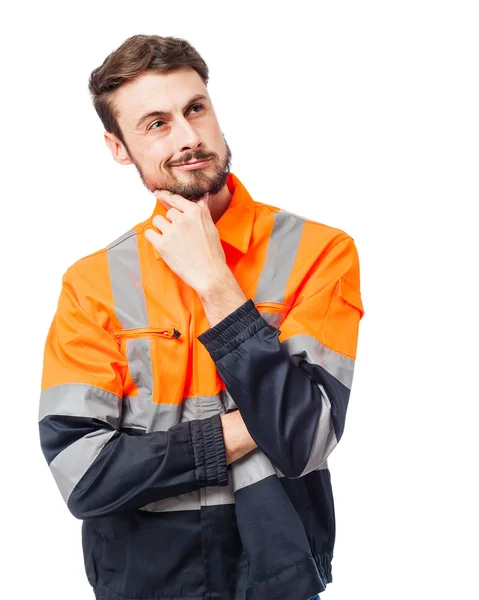 Happy worker man thinking — Stock Photo, Image